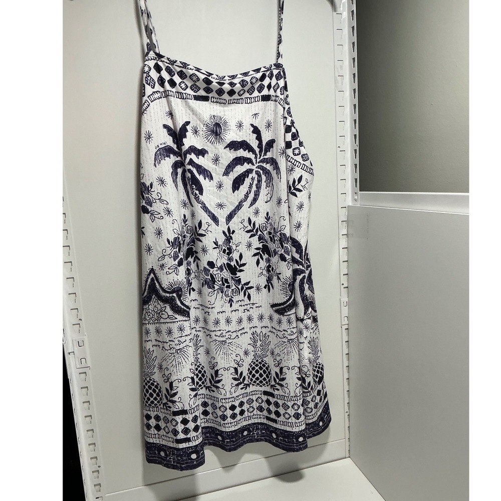 Tropical Palm Tree Pineapple Print Mini Dress Navy White Spaghetti Strap 2XL